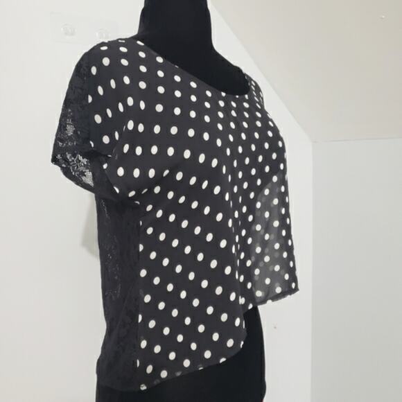 Black Lace and Polka Dot Semi Sheer Dolman Sleeve Crop Top by Soprano Small - Picture 2 of 9